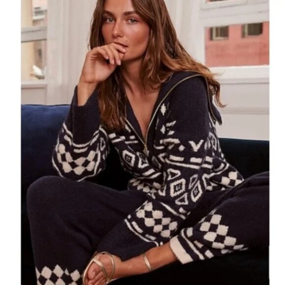 J. Crew Relaxed Half-Zip Sweater in Geometric Knit Blue and White Size XS/S - Picture 1 of 9